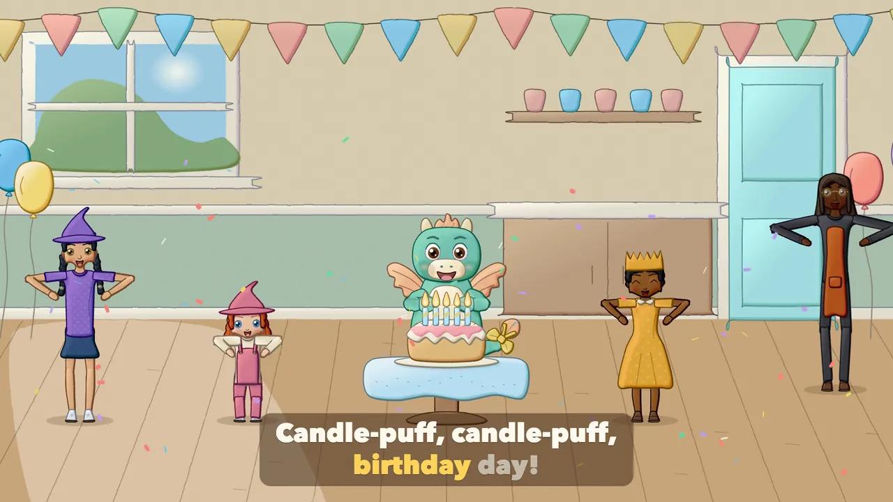 Children and the Dragon around a birthday cake, clapping together.