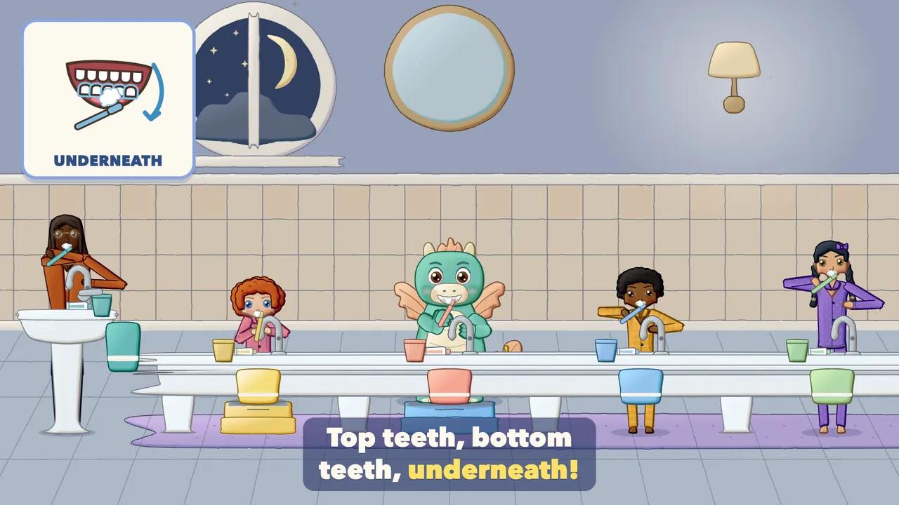 Children and the Dragon brushing their teeth side by side at the bathroom sink.