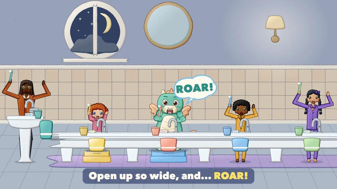 Everyone with mouths open wide and paws up for a friendly roar, toothbrushes in hand.