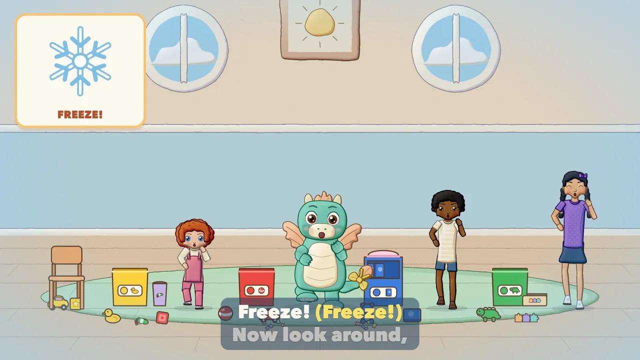 Children and the Dragon frozen mid-step in a playroom, a FREEZE card on screen.