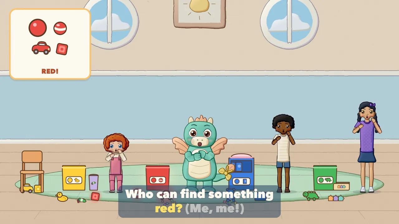 The red toys glowing on the floor while children reach for them.