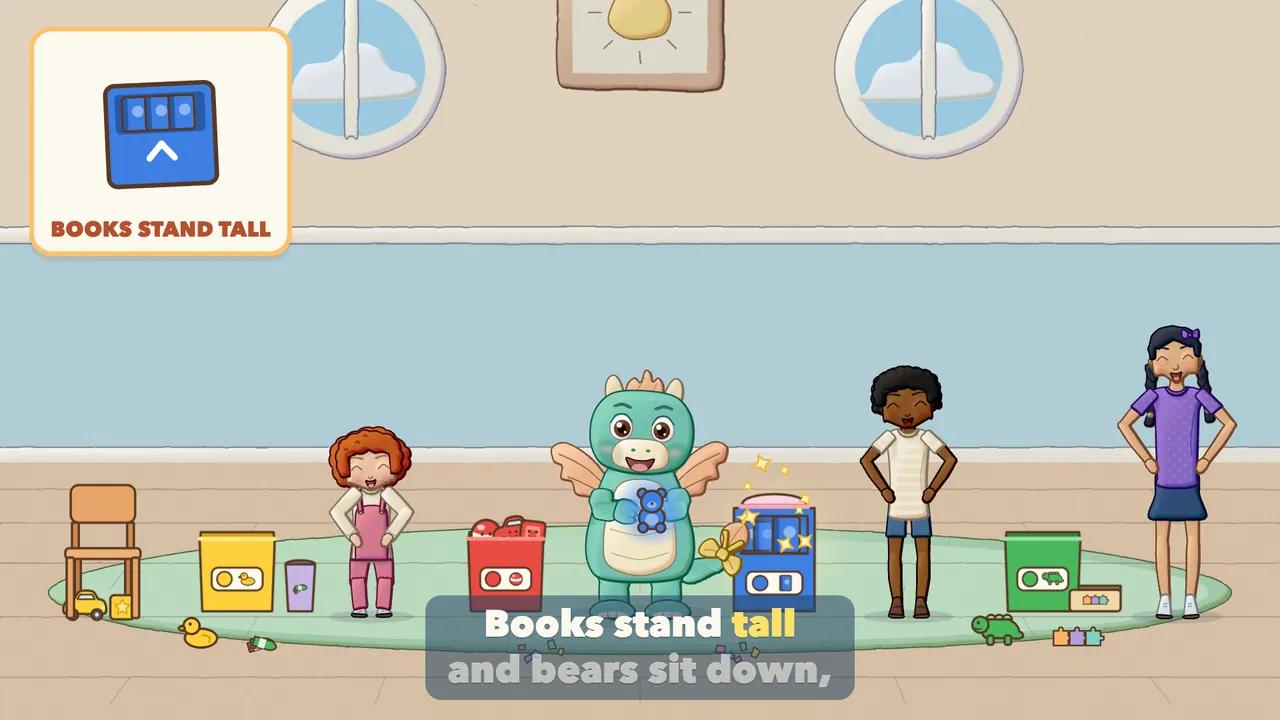 A blue book standing on the shelf and a blue bear sitting on a cushion.