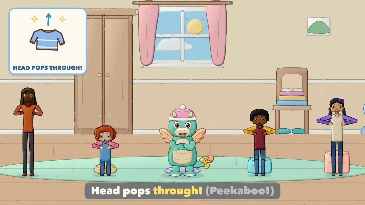 Children popping their heads through jumpers with open hands by their cheeks; the Dragon wears a bobble hat.