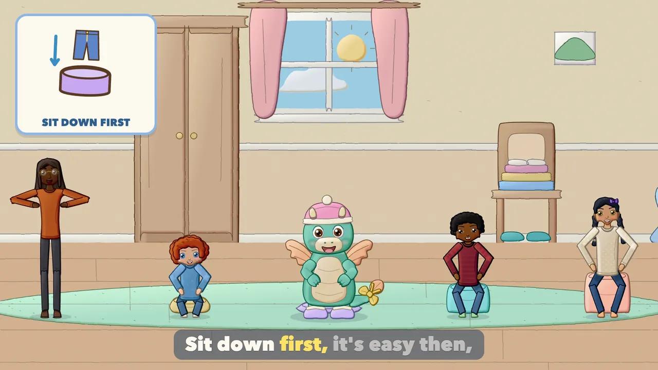 Children and the Dragon sitting on floor cushions, lifting one knee.