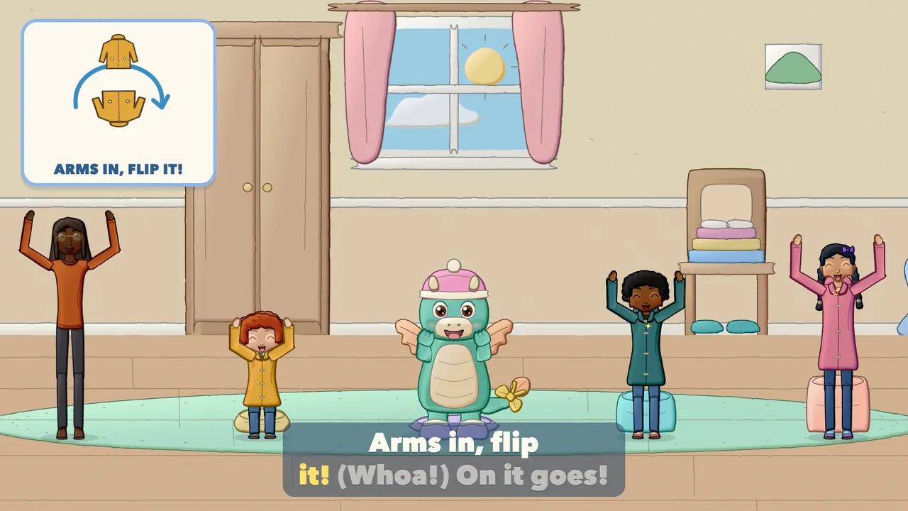 Children flipping their coats over their heads, the coats mid-air.