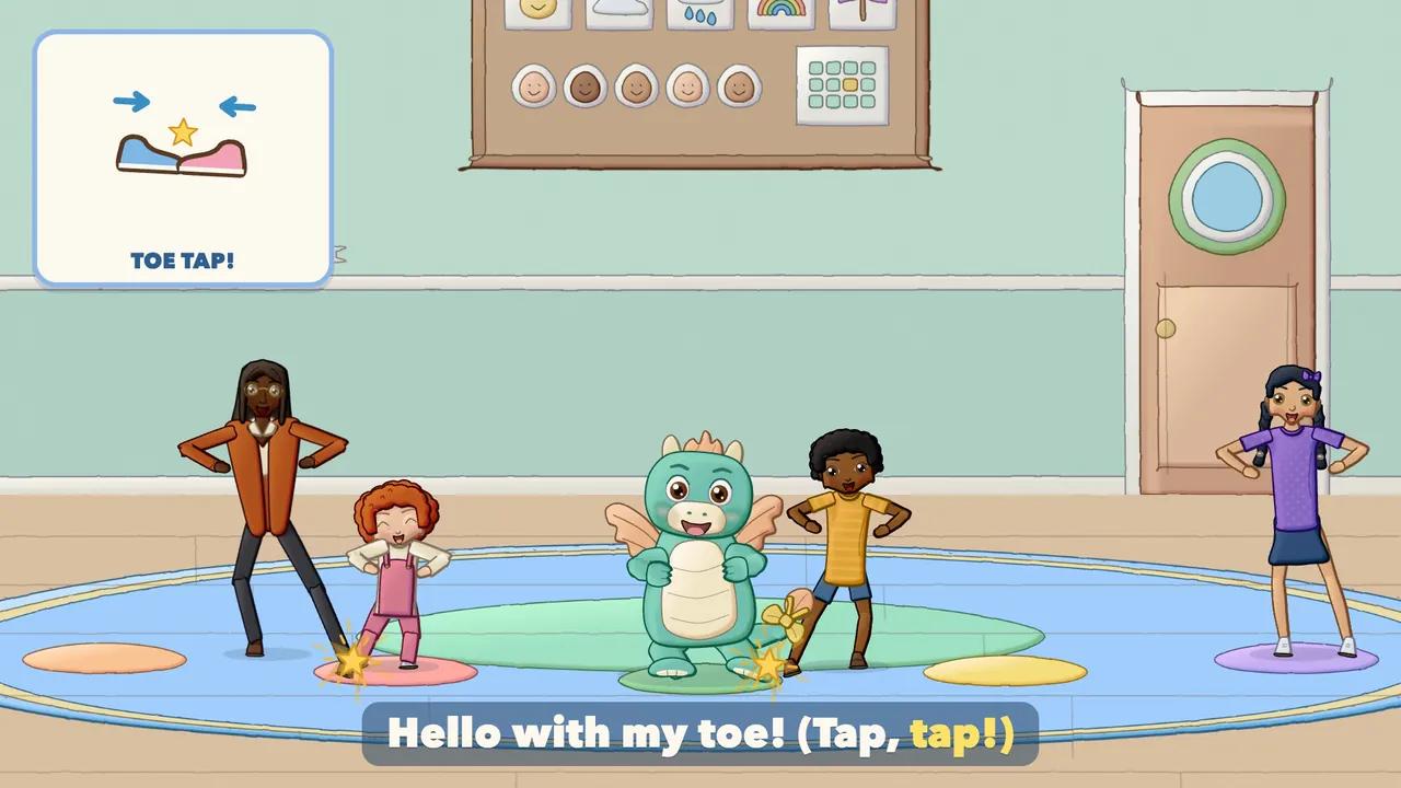 Children sliding a foot out to tap toes with a neighbour.