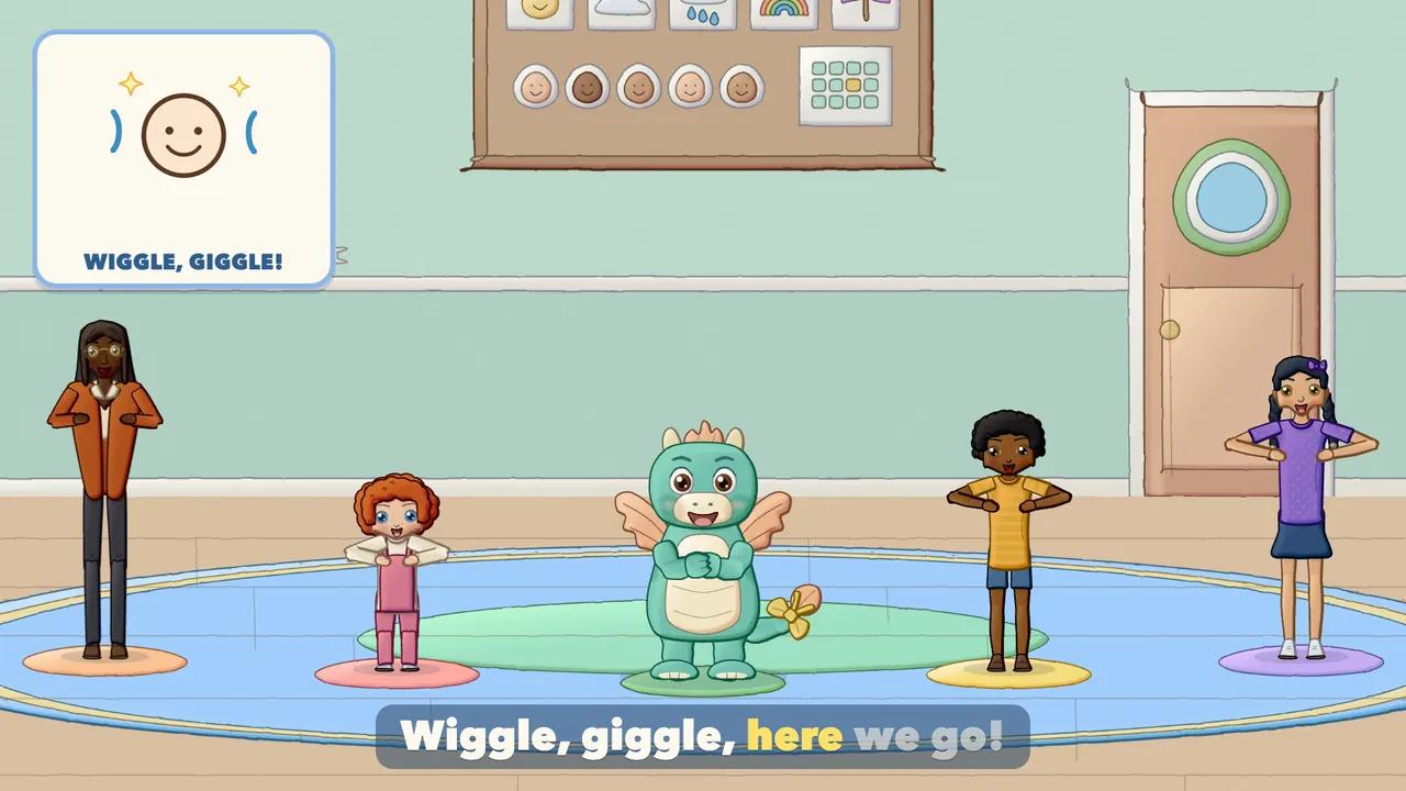 Everyone making a big O shape with their arms above their heads.