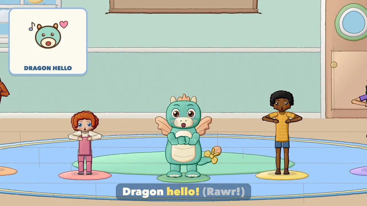 The Dragon giving a small happy roar while the children raise their paws.
