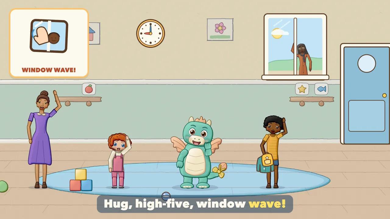 A grown-up waving through the classroom window while the child waves back.