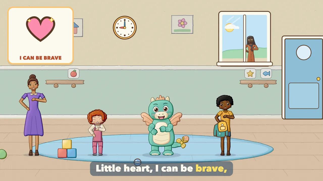 The child with a hand on their heart, smiling.