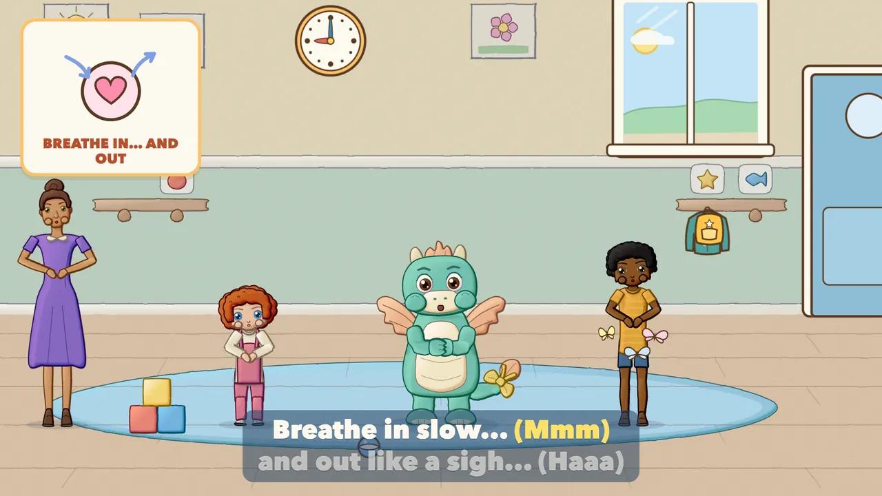 Children with hands on their tummies breathing slowly, butterflies settling on the windowsill.