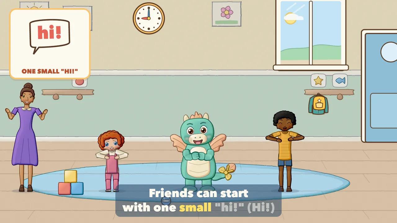 The child giving a small wave to the Dragon, who waves back.