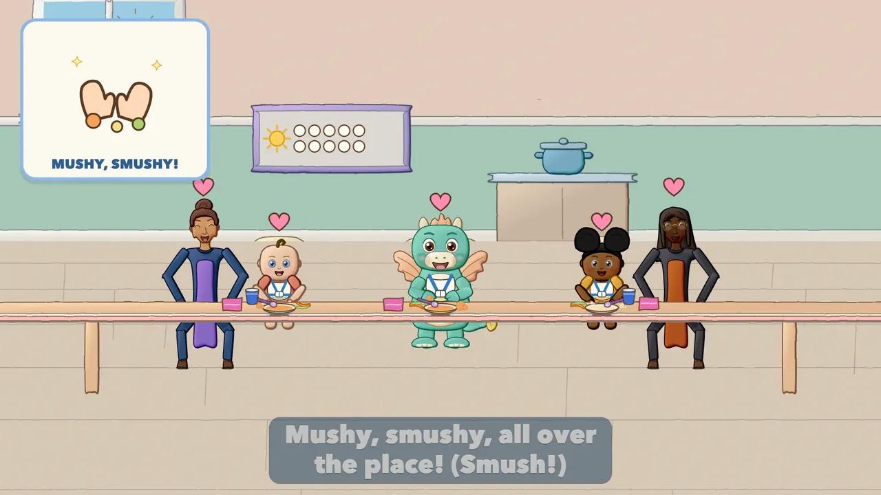Babies in high chairs at the table with grown-ups beside them, making big happy faces; the Dragon is in a high chair too.