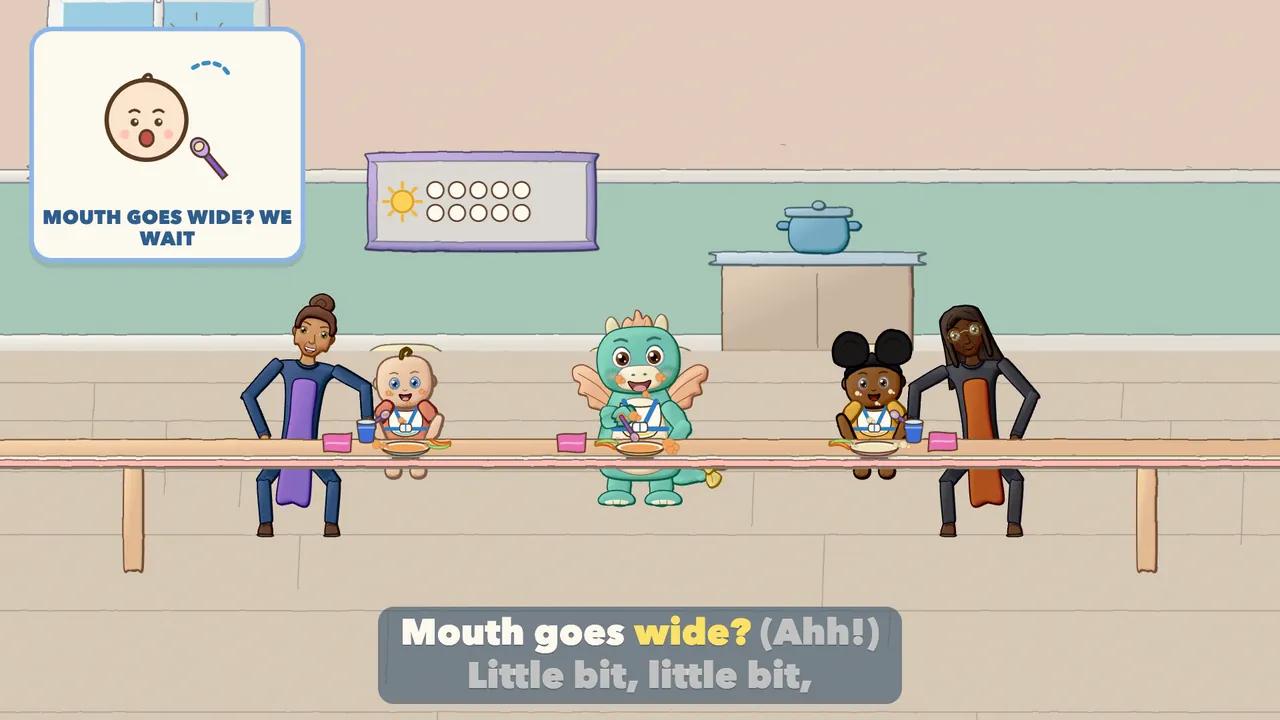 A grown-up holding a small spoon near a baby's mouth, waiting for the baby to open wide.