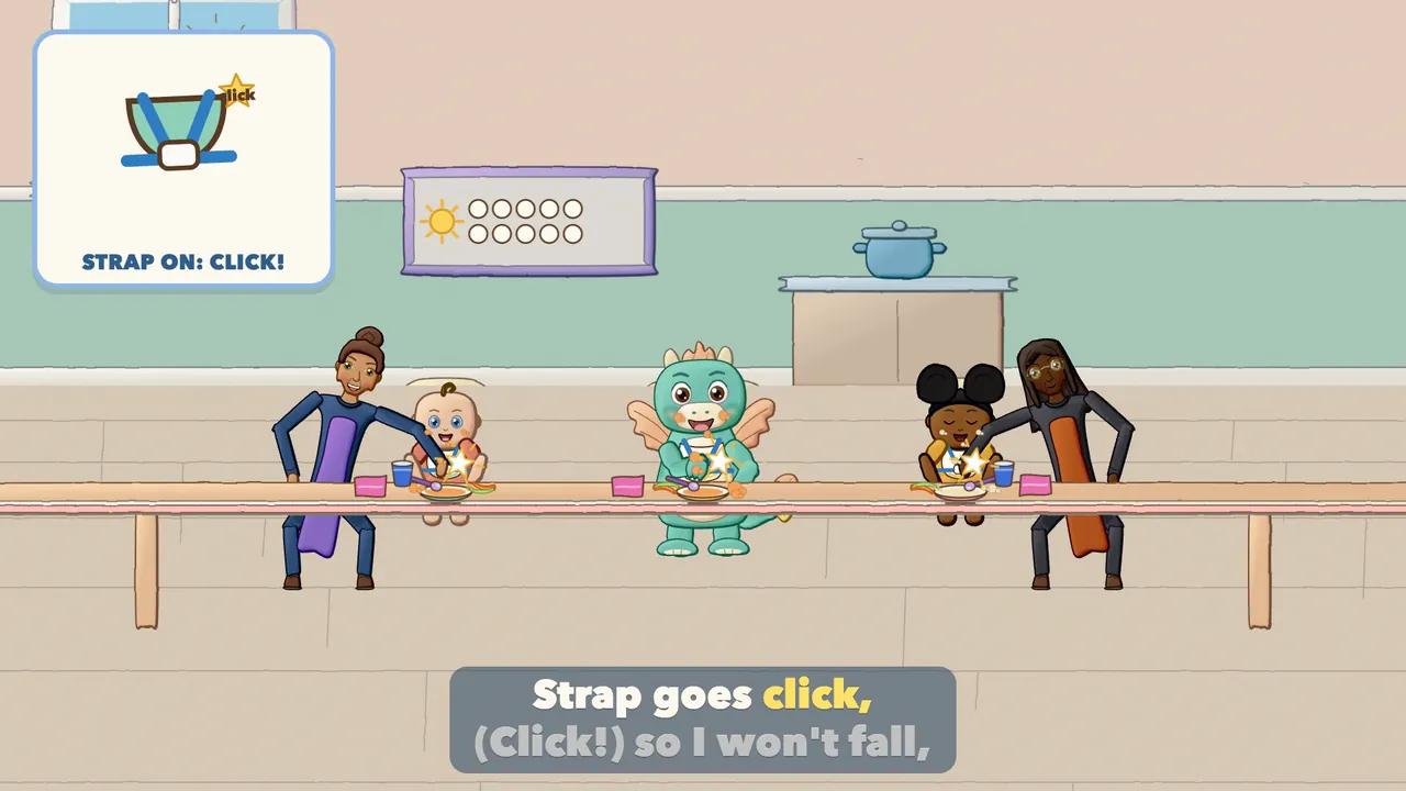A grown-up checking the buckle of the high-chair harness with little click stars.