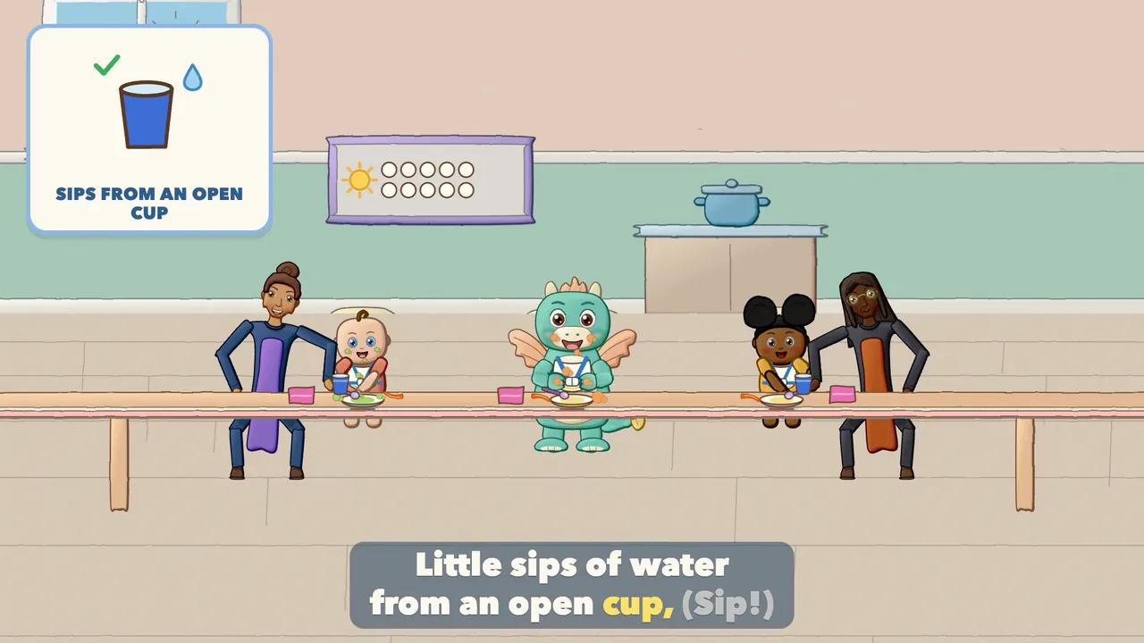 A grown-up holding a small open cup to a baby's lips, the baby's hands on the cup.