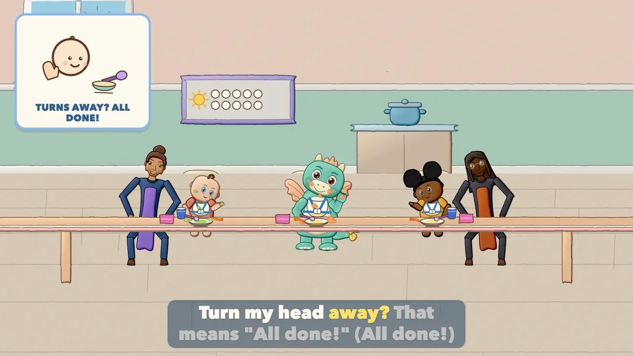 A baby turning their head away with mouth closed while the grown-up puts the spoon down and smiles.