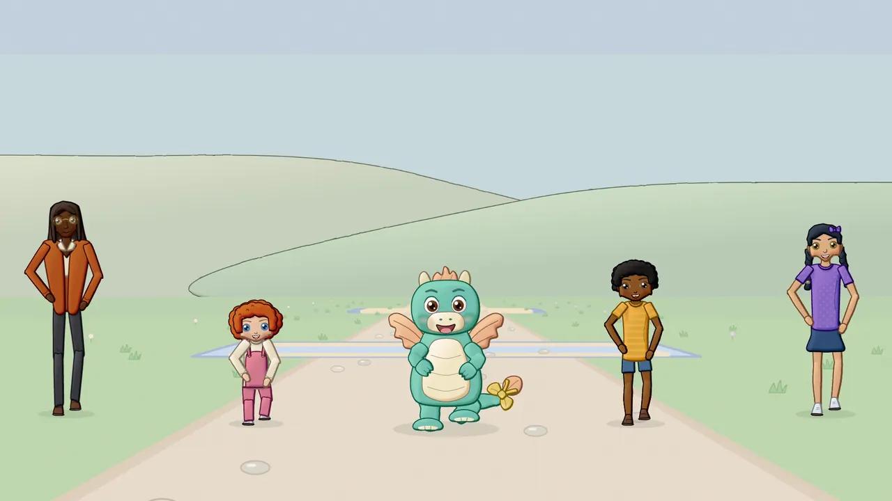 A little mint-green dragon and four friends walk slowly along a quiet pebble path in a soft green meadow