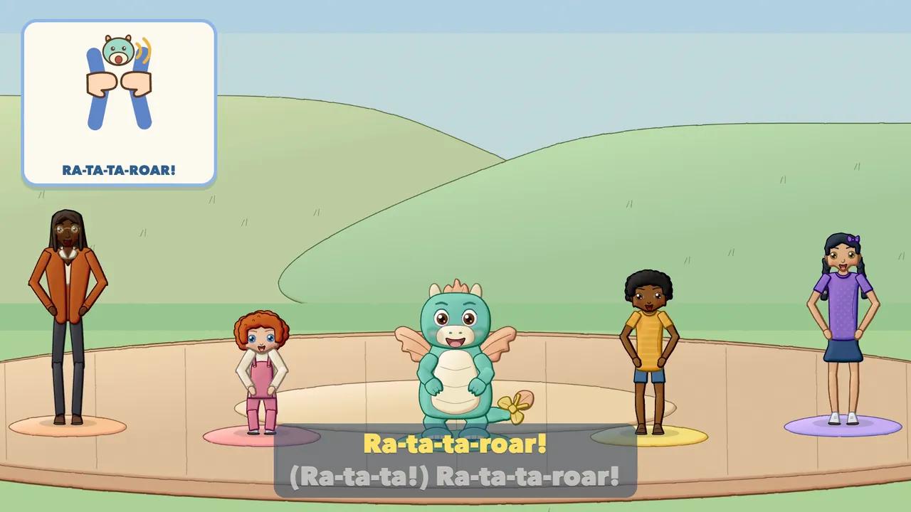 The Dragon and four children on a round stage, everyone with paws up mid-roar.
