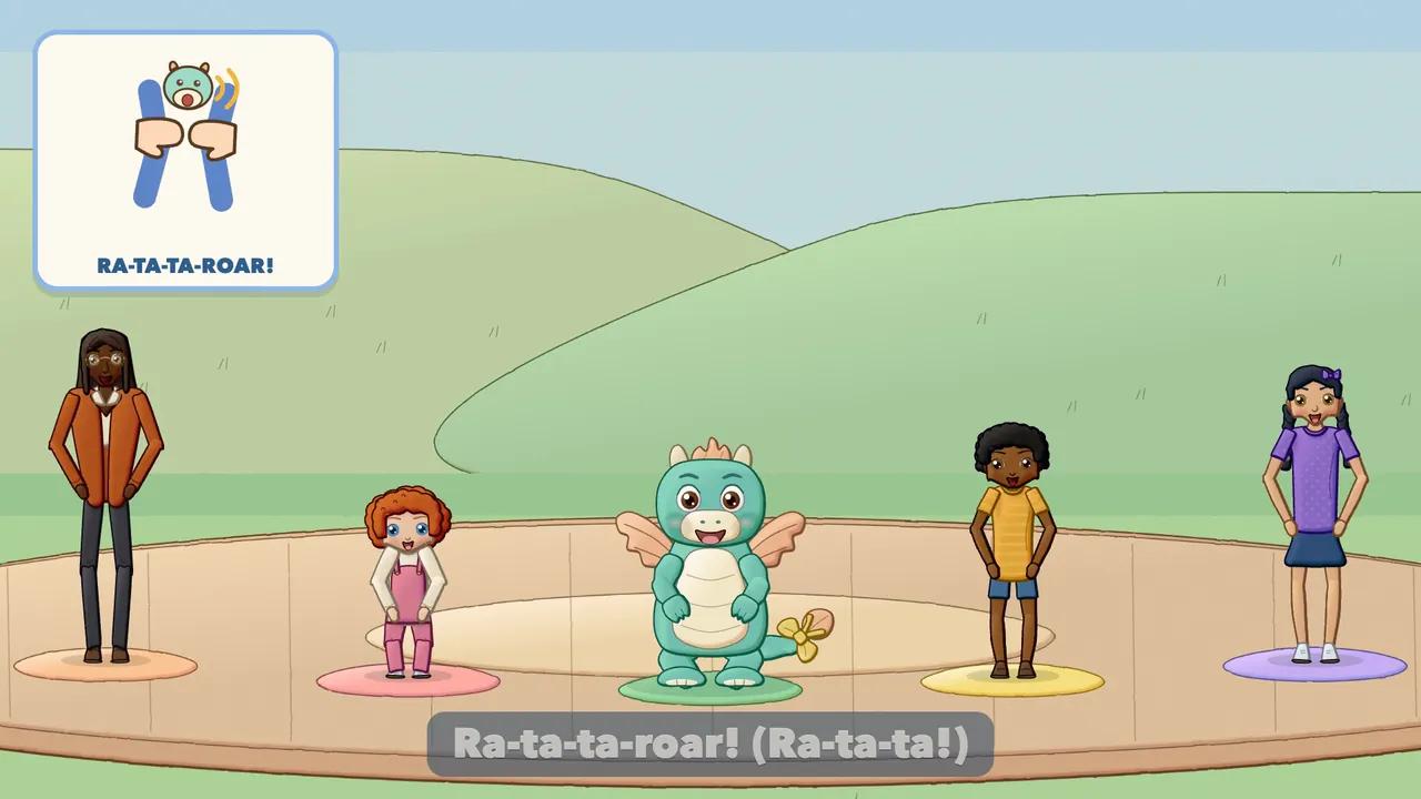 Children and the Dragon stomping in place with arms out like wings.
