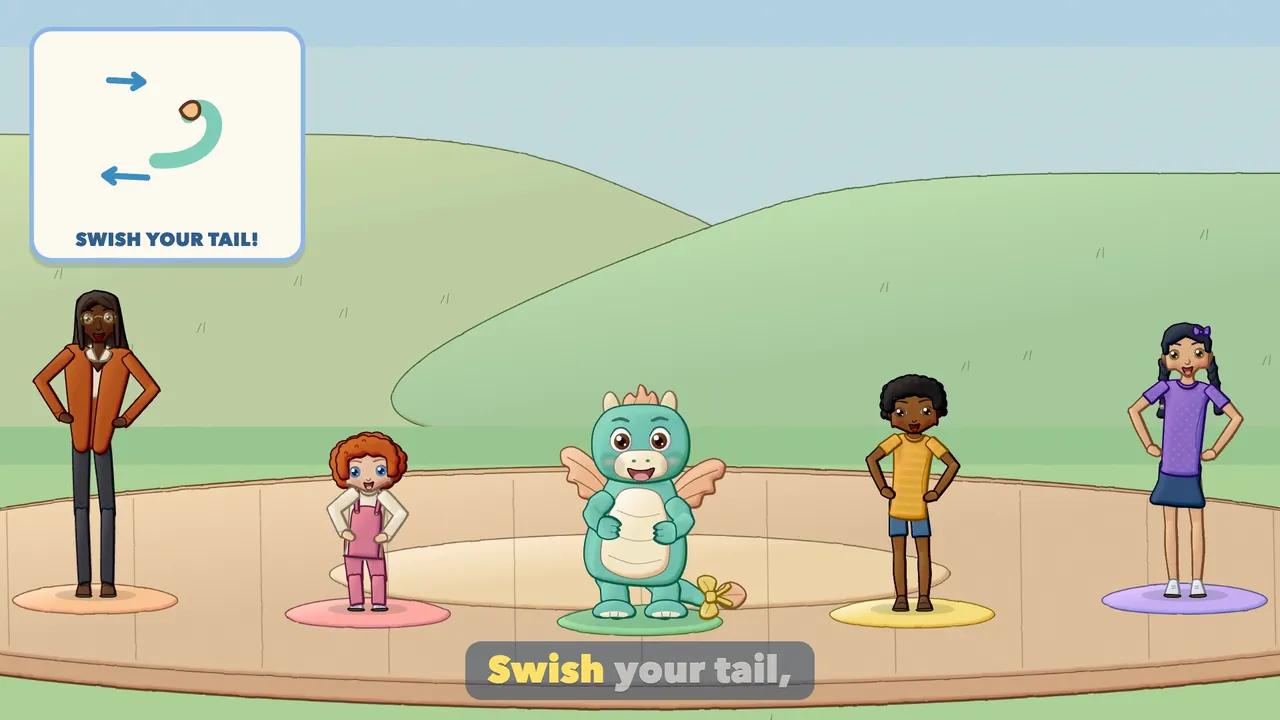 Everyone with hands on hips, swishing their hips; the Dragon's tail swings to the side.