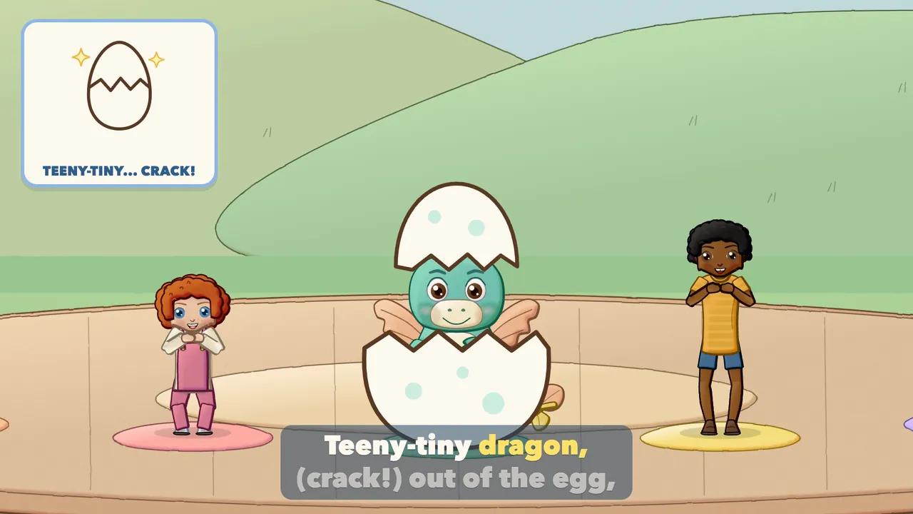 Everyone crouched small; the Dragon is curled inside a cracked egg shell.