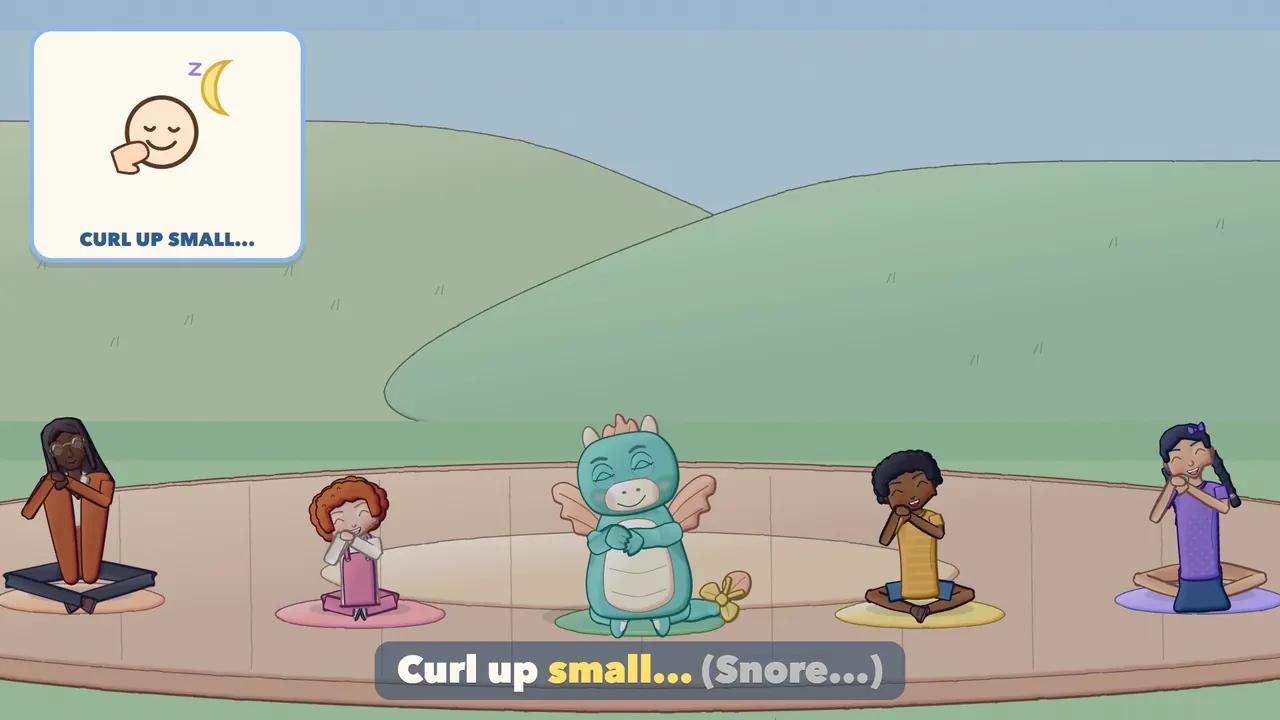 Children and the Dragon sitting curled up, eyes closed, hands under their cheeks.