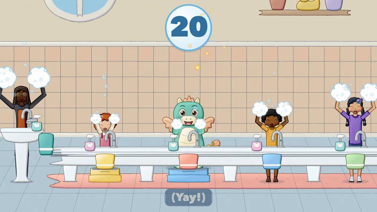 Children with foamy hands raised as a big number 20 appears on screen.