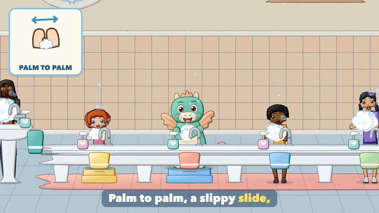 Children rubbing soapy palms together at the sink.