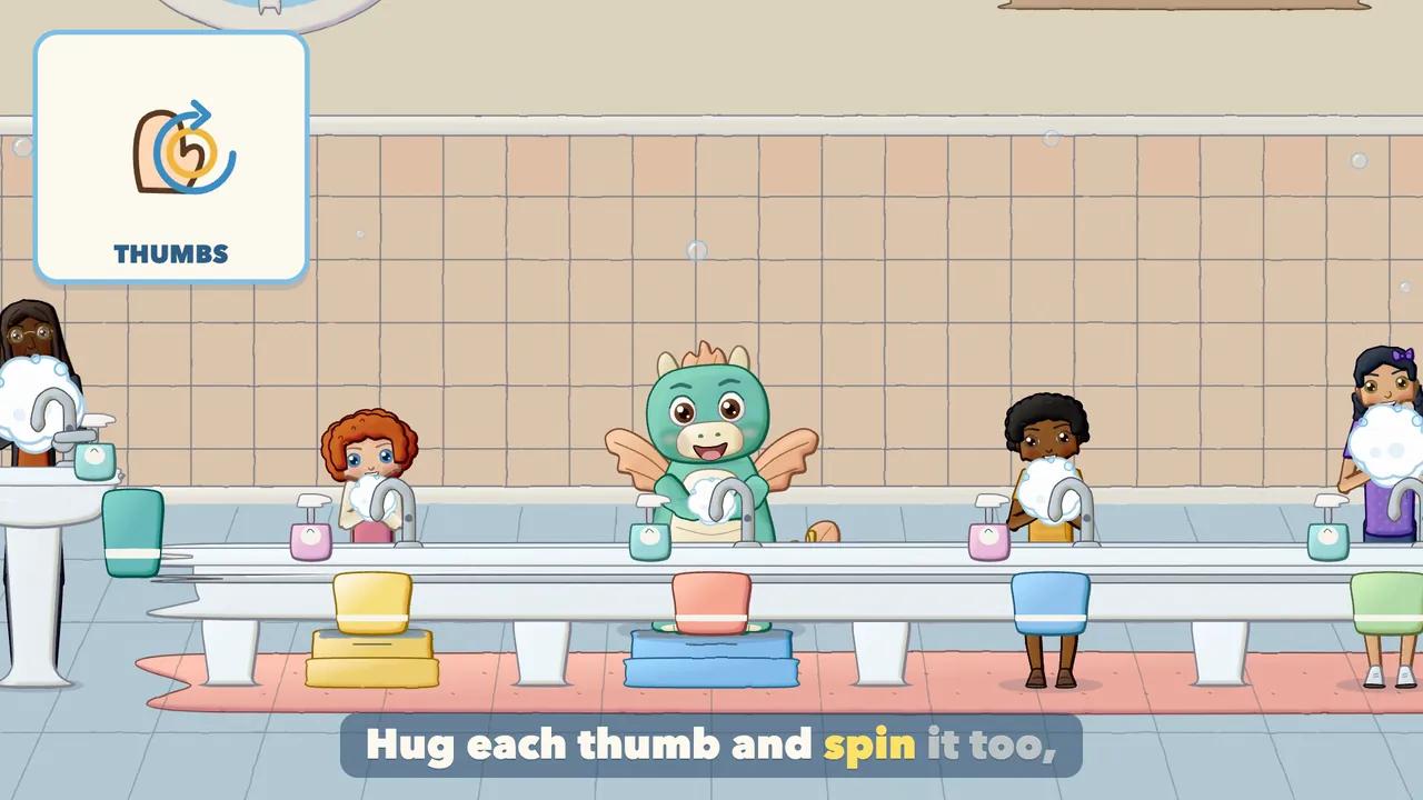 Children scrubbing between their fingers with bubbles floating up.