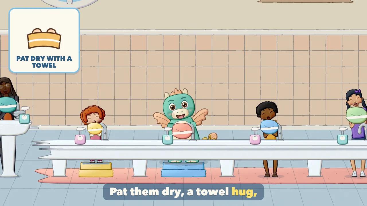 Each child patting their hands dry with their own towel.