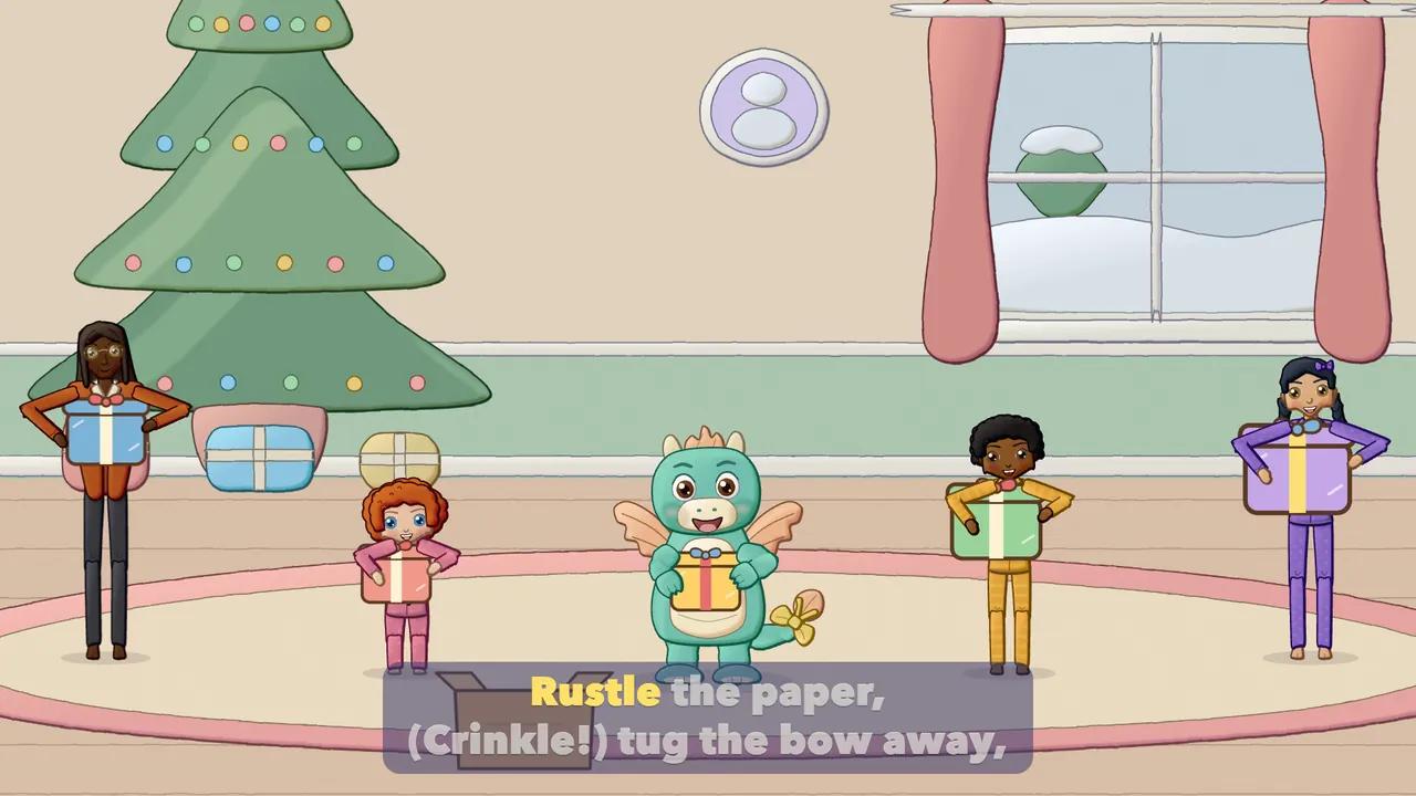 Children in pyjamas and the Dragon by the Christmas tree, each holding a wrapped present and rustling the paper