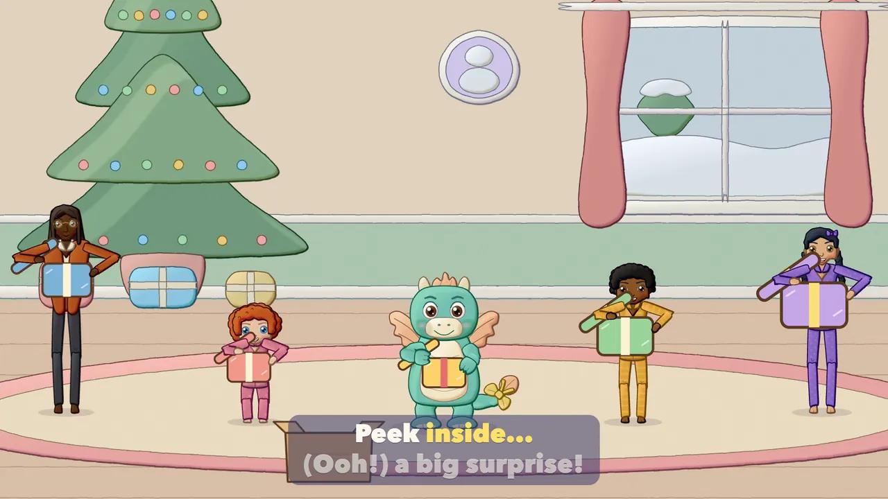Children and the Dragon peeking into their opened presents with surprised faces