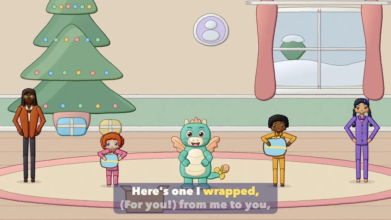 A toddler and a child holding up lumpy home-wrapped presents to give to a grown-up and to the Dragon