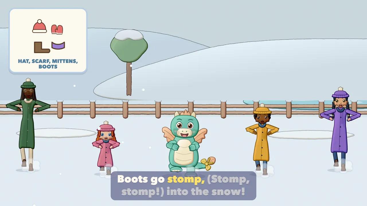 Children in winter coats, bobble hats, mittens and boots stomping in the snowy garden with the Dragon