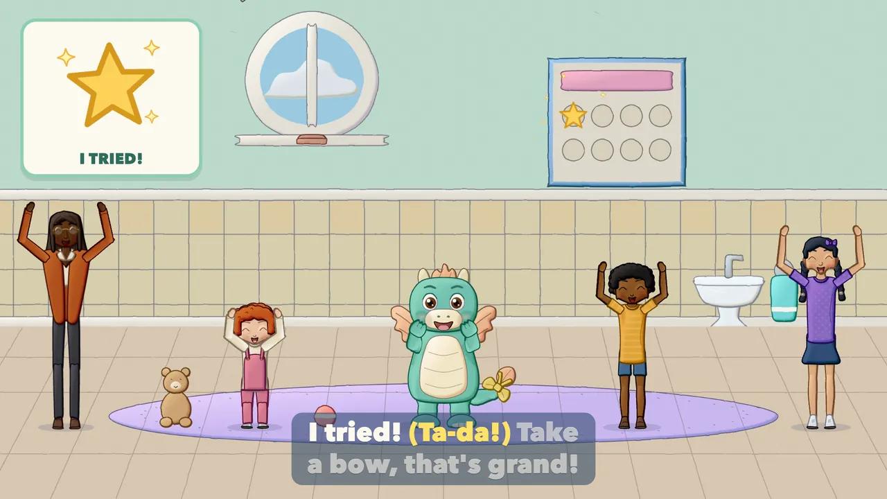 A smiling toddler with arms up for ta-da while friends clap.
