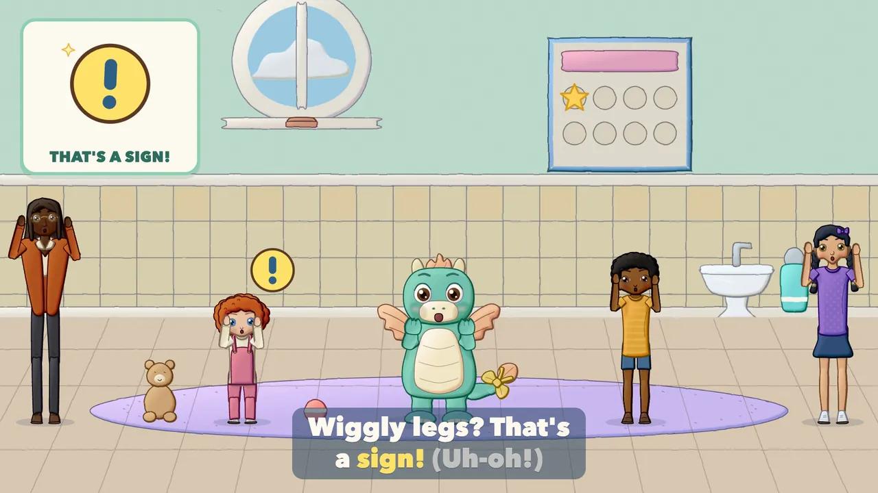 Children and the Dragon doing a wiggly dance with a big exclamation bubble.