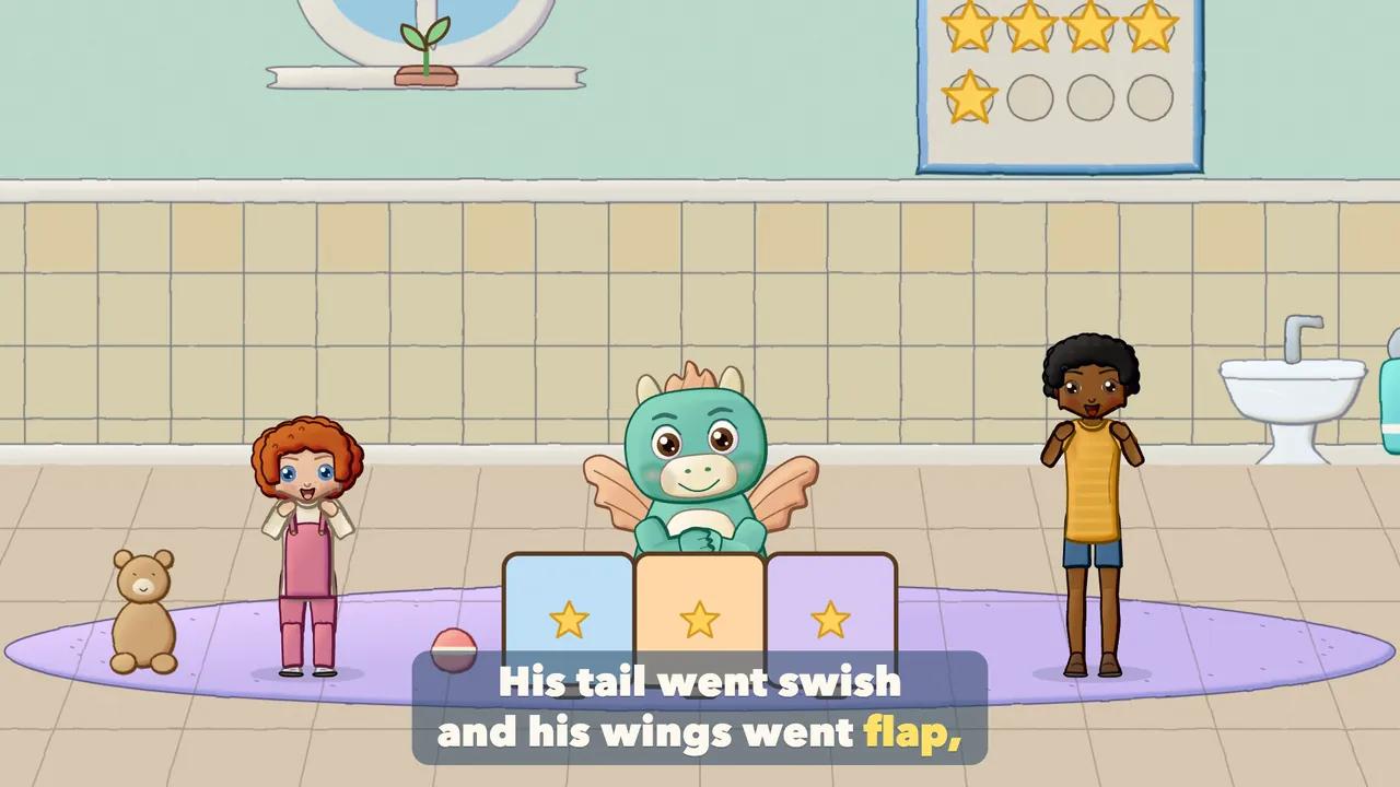 The Dragon behind a low screen, flapping its wings while the children clap.