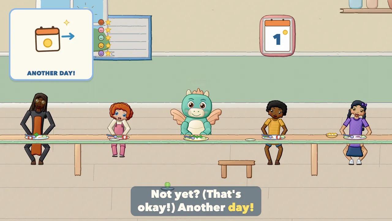 The Dragon shrugging with a smile and pushing its plate a little away while the children show open hands.
