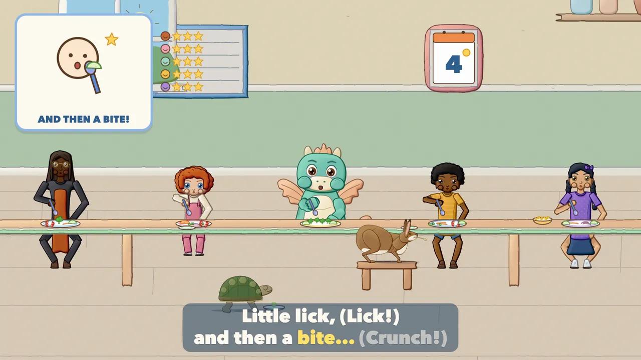 Children taking a crunchy bite with little crunch stars.