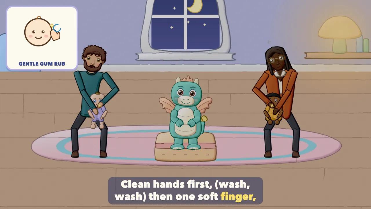 A grown-up gently rubbing a baby's gums with one clean finger.