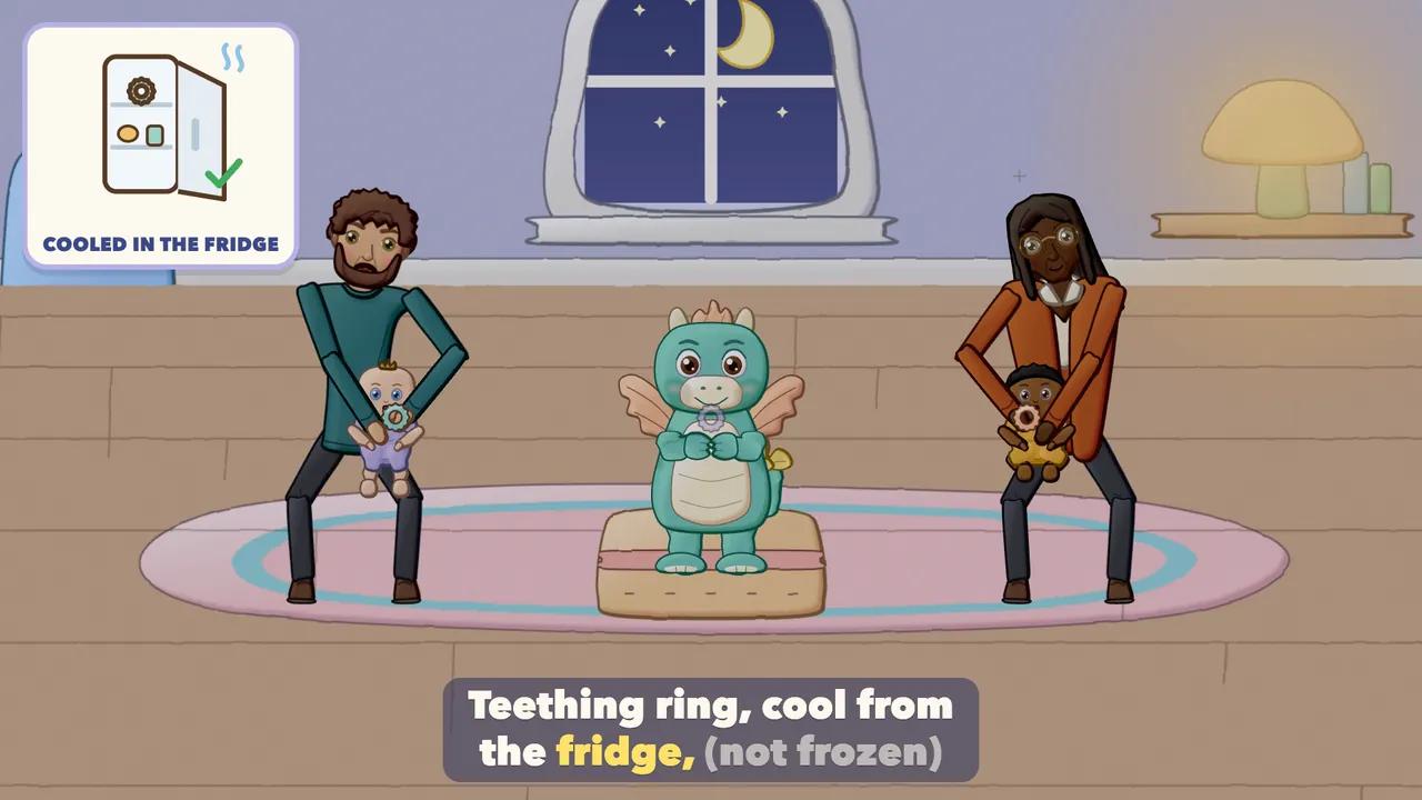 A baby chomping on a cool teething ring held in the hand, no cord or clip.