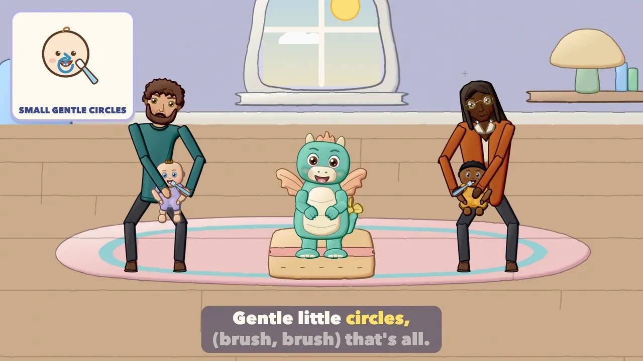 A grown-up brushing a baby's first tooth in small circles.
