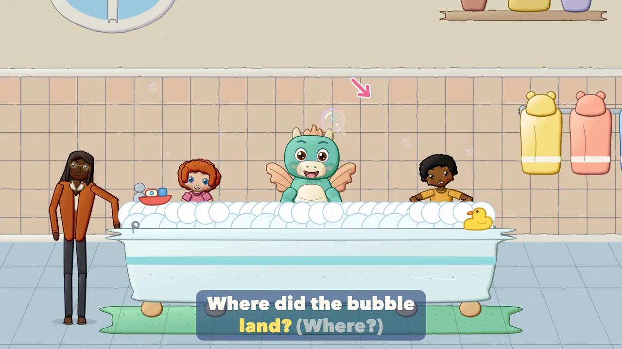 Children in a foamy bath watching a big rainbow bubble float above them, the Dragon beside them.