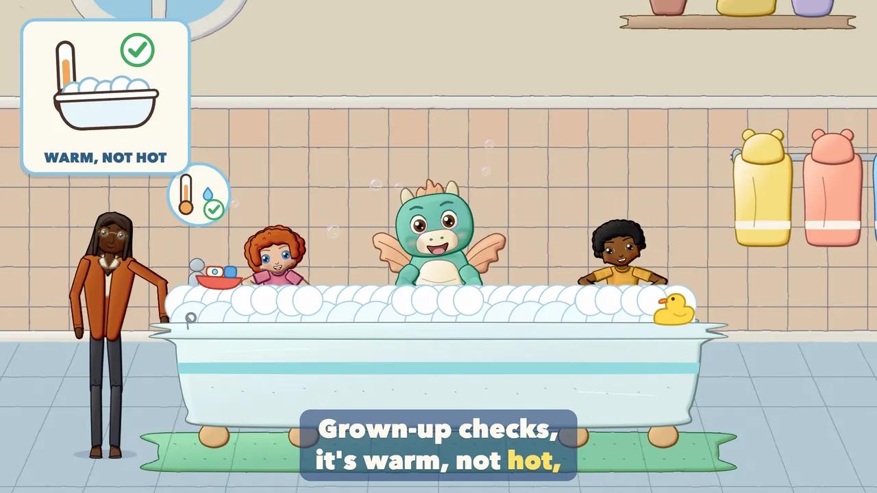 A grown-up testing the bath water with the inside of the wrist, a thermometer badge saying warm.