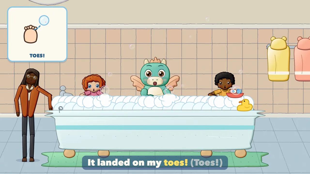 A bubble landing on the bath foam where the children's toes are, everyone pointing.