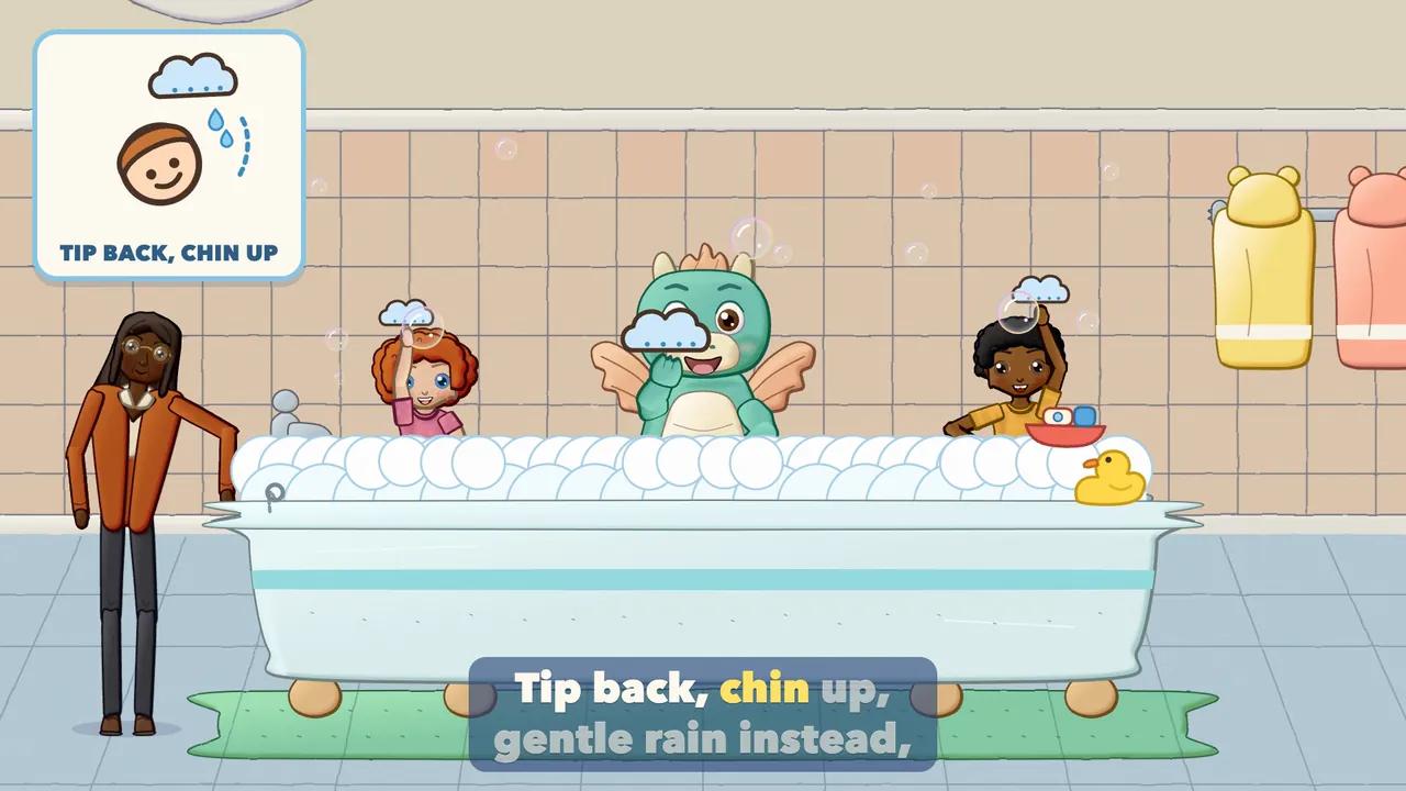 Children tipping their heads back with chins up while water pours gently behind their heads.