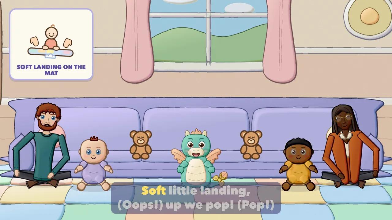 Babies toddling and wobbling down onto a soft mat in front of a sofa, grown-ups kneeling beside them and the Dragon nearby.