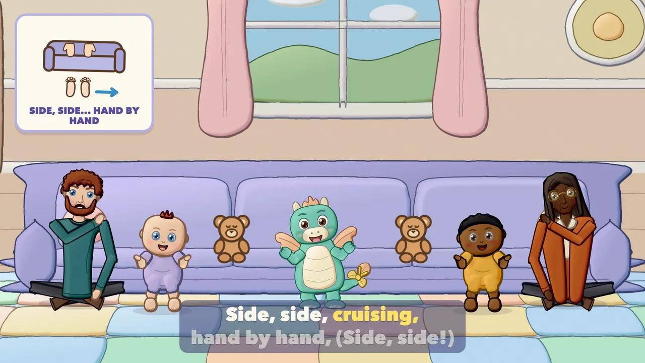 Babies cruising sideways along the sofa seat, hand by hand.