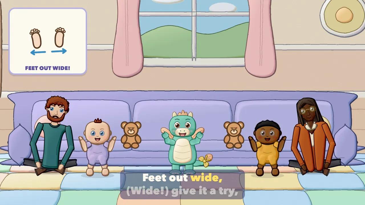 Babies standing with arms up high and feet out wide, ready to step.
